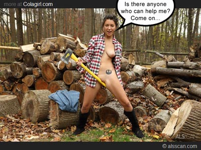 A bottomless girl needs your help with felling of tree.